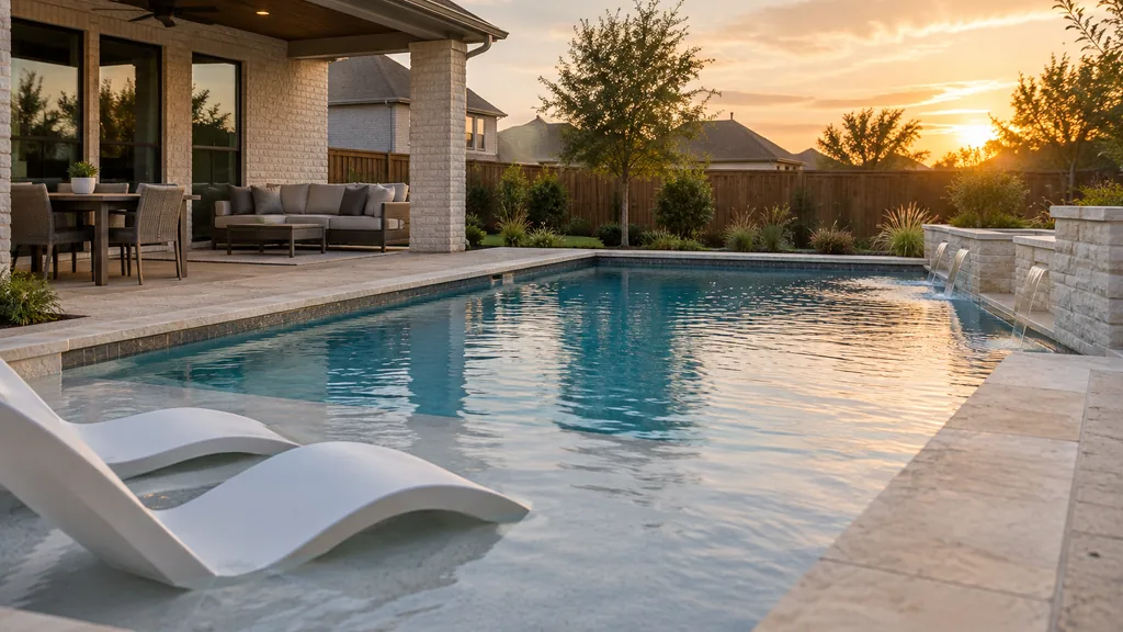 Pool builder backyard: a new suburban Texas backyard pool with a tanning ledge, a limestone coping edge, a covered patio and soft golden evening light