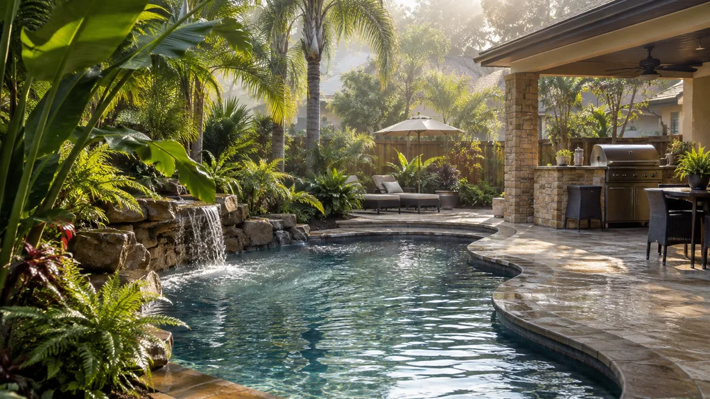 Pool builder backyard: a humid Houston backyard with a freeform pool, lush palms and banana plants, a covered outdoor kitchen and bright morning haze