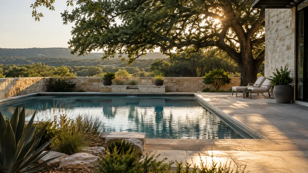 Pool builder backyard: a Hill Country backyard near Austin with a clean rectangular pool, native limestone walls, live oak shade and late afternoon light