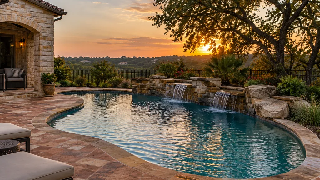 Pool builder backyard: a San Antonio backyard with a curved pool, terracotta pavers, a stone water feature and warm sunset light