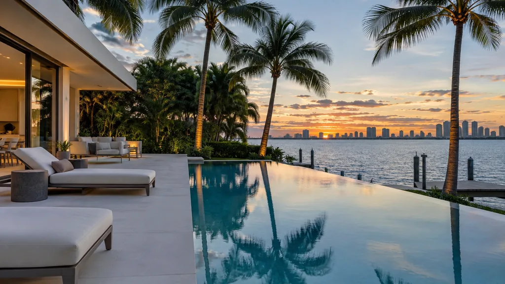 Pool builder backyard: a modern Miami backyard with an infinity-edge pool, white concrete deck, royal palms and turquoise evening light