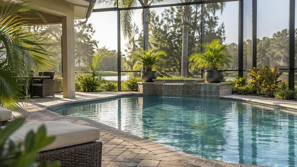 Pool builder backyard: a Central Florida backyard pool inside a screened enclosure with a paver deck, potted palms and soft morning light