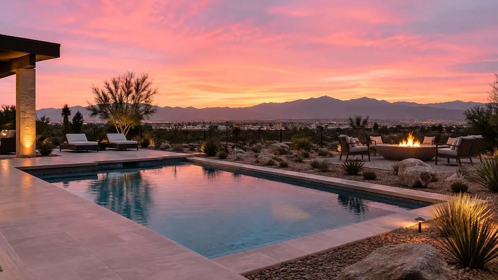 Pool builder backyard: a Las Vegas desert backyard with a geometric pool, gravel landscaping, a fire pit and a glowing pink dusk sky