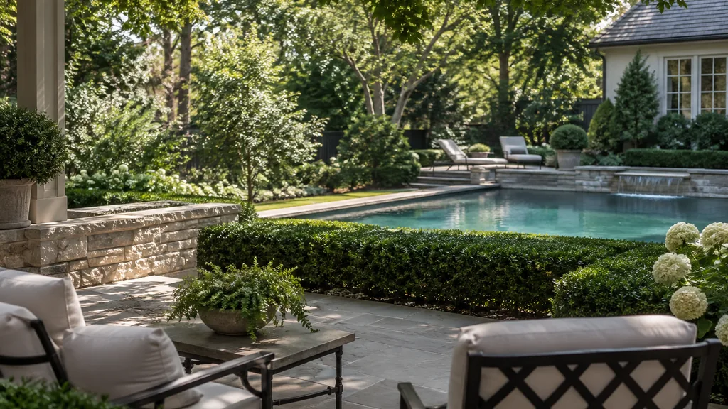 Pool builder backyard: a leafy Atlanta backyard with a gunite pool framed by boxwood hedges, a stone patio and dappled summer shade