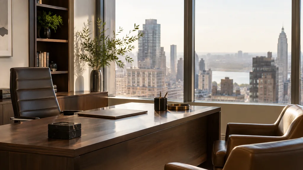 Financial advisor office setting: a quiet wealth advisory office in a Manhattan high-rise with a walnut desk, two leather armchairs, a window over city rooftops and soft morning light