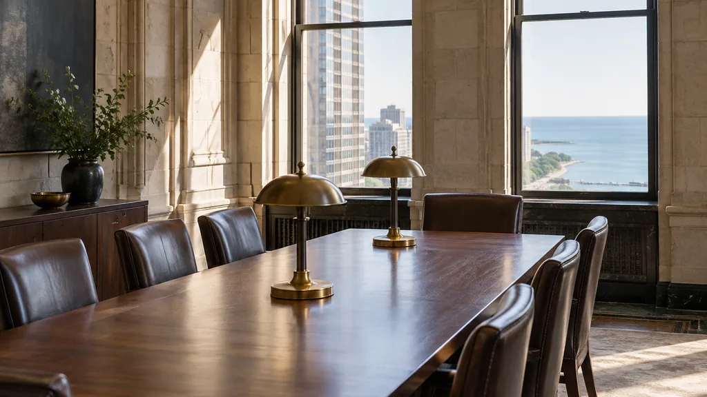 Financial advisor office setting: a calm client meeting room in a Chicago stone office building with a long wooden table, brass lamps and cool lake daylight