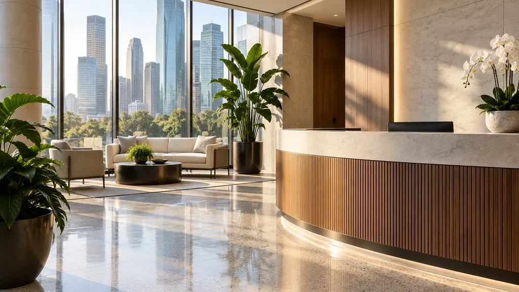 Financial advisor office setting: a modern Houston wealth management lobby with a curved reception desk, terrazzo floor, tropical plants and bright morning light