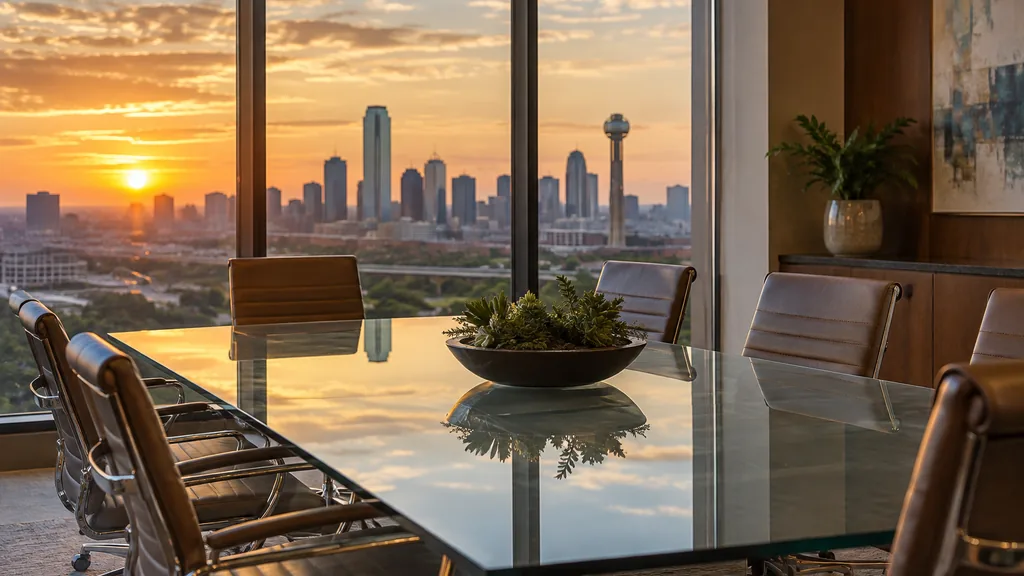Financial advisor office setting: an empty financial advisor conference room in Dallas with a glass table, leather chairs and wide prairie sunset light