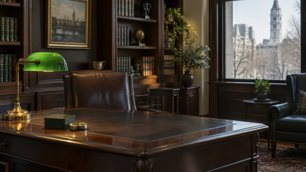 Financial advisor office setting: a traditional Philadelphia advisor office with dark wood bookshelves, a green banker lamp, a leather desk chair and soft winter light