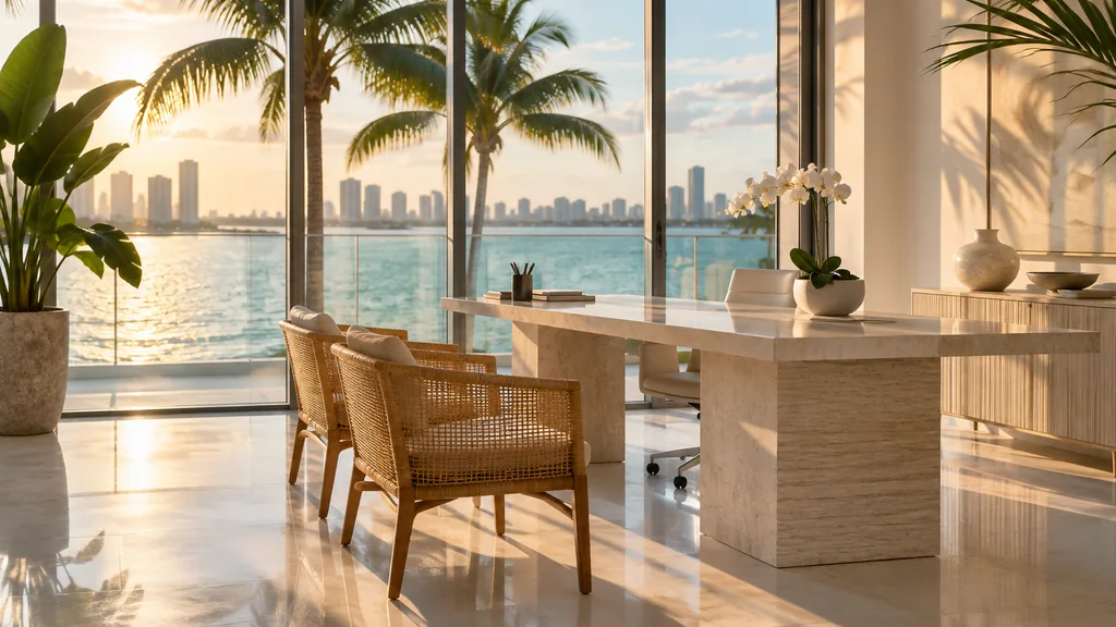 Financial advisor office setting: a bright Miami wealth advisory office with white walls, rattan chairs, palm shadows on the floor and turquoise evening light