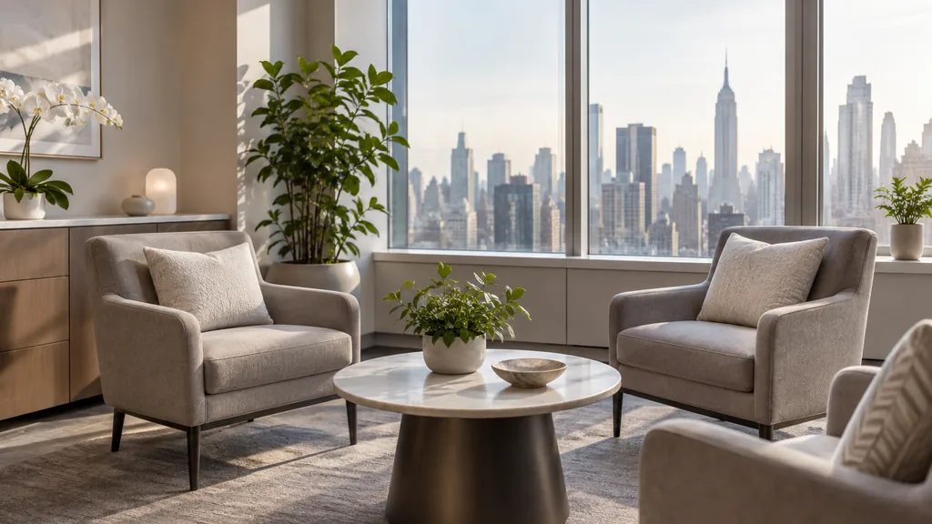Fertility clinic setting: a calm modern fertility clinic consultation room in a Manhattan high-rise, soft grey armchairs, a small plant and diffused morning window light