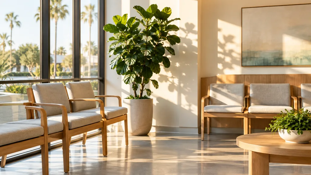 Fertility clinic setting: a bright Southern California clinic waiting area with light oak benches, a fiddle-leaf fig and warm golden afternoon light through tall windows
