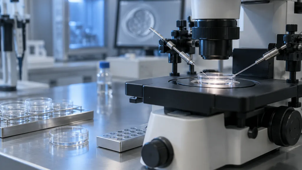 Fertility clinic setting: an embryology laboratory bench with a microscope, sterile petri dishes and soft blue light, clean and quiet
