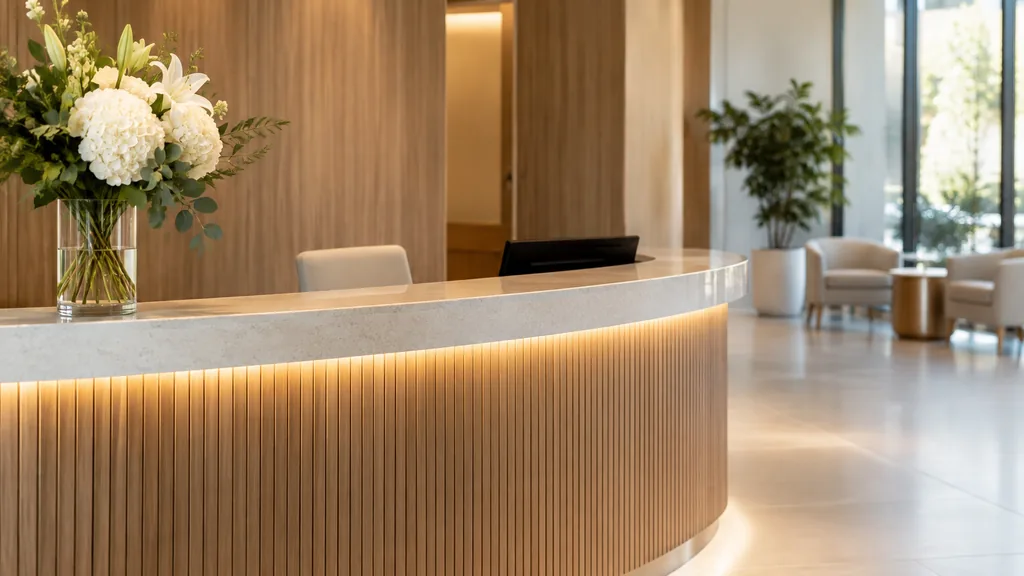 Fertility clinic setting: a modern clinic reception desk with warm wood panelling, fresh white flowers and soft ambient light