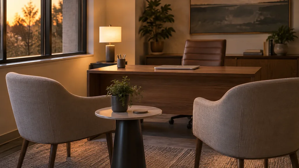 Fertility clinic setting: a quiet consultation room with two upholstered chairs facing a desk, a closed laptop and warm evening light