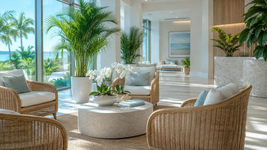 Fertility clinic setting: an airy South Florida clinic lounge with white walls, rattan chairs, potted palms and bright turquoise-tinted daylight