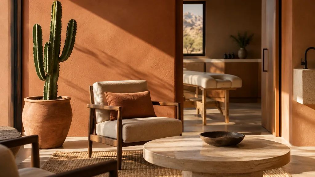 Fertility clinic setting: a desert-toned clinic lounge with terracotta walls, a single cactus in a clay pot and warm late sun