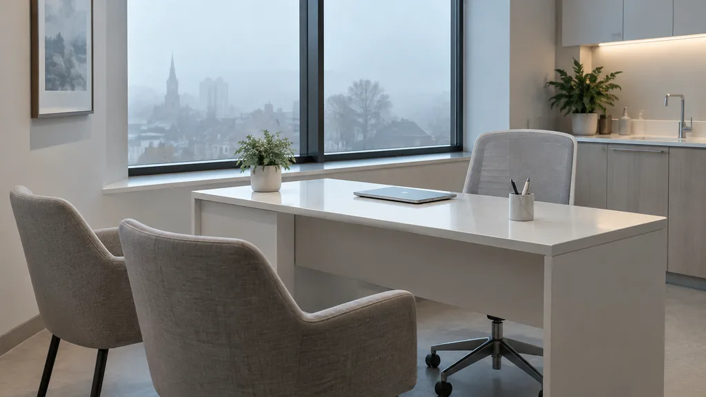 Fertility clinic setting: a minimalist clinic consultation room with a view of fog over rooftops, white desk, soft grey chairs and cool morning light