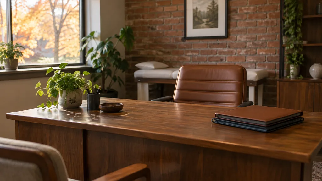 Fertility clinic setting: a classic brick-walled clinic office with a wooden desk, a stack of closed folders, a small plant and soft autumn light