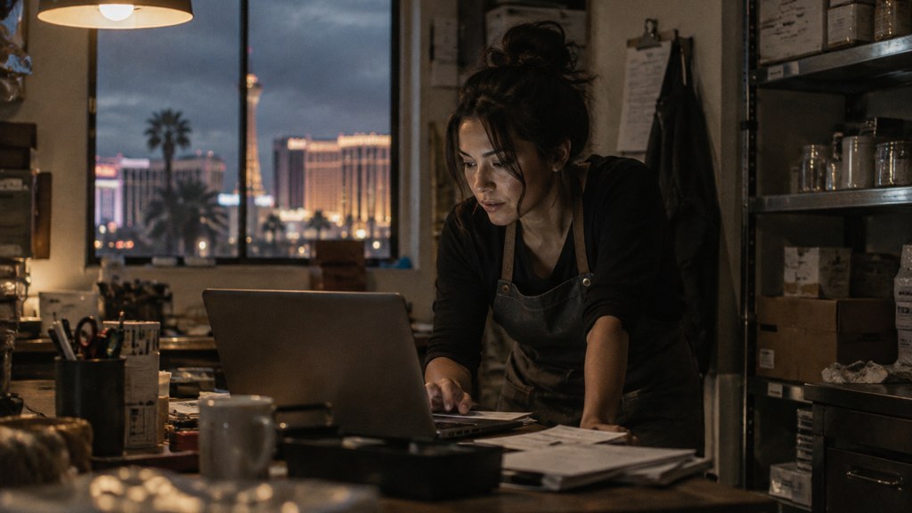 A small-business owner in an apron leaning over a laptop on a cluttered back-office desk late in the day, photographed in Las Vegas