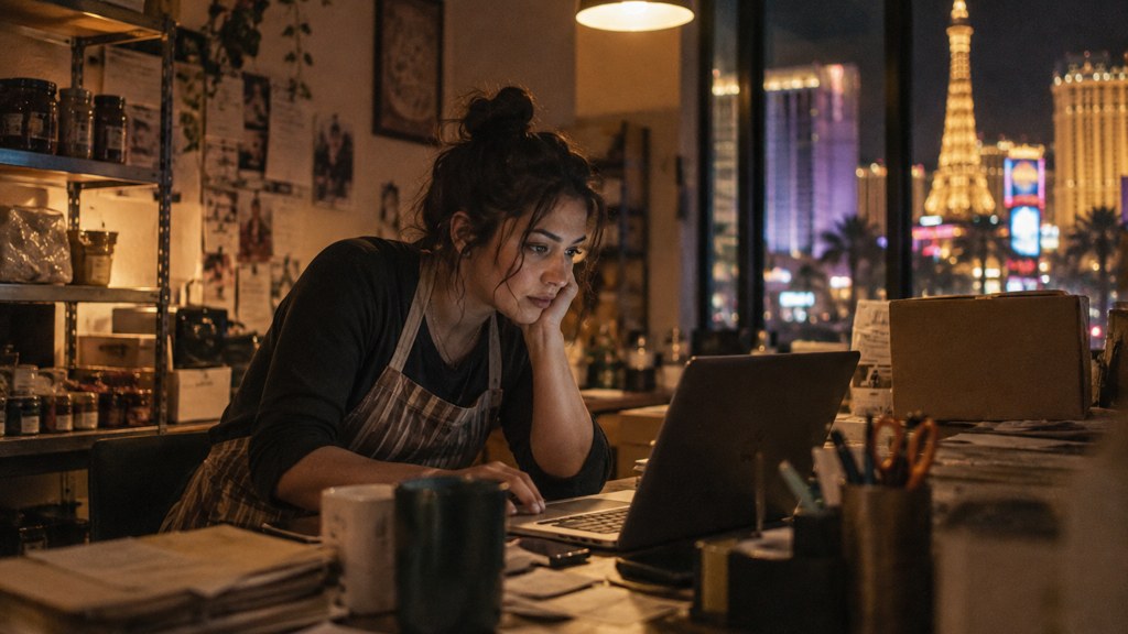 A small-business owner in an apron leaning over a laptop on a cluttered back-office desk late in the day, photographed in Las Vegas