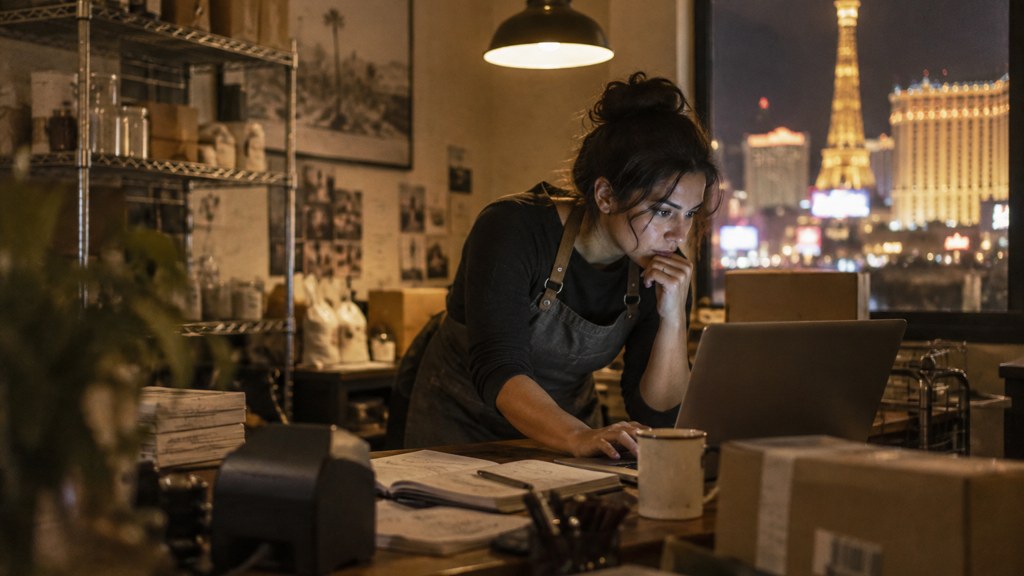 A small-business owner in an apron leaning over a laptop on a cluttered back-office desk late in the day, photographed in Las Vegas