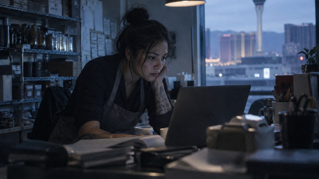 A small-business owner in an apron leaning over a laptop on a cluttered back-office desk late in the day, photographed in Las Vegas