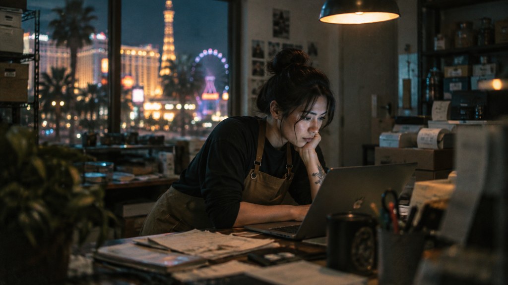 A small-business owner in an apron leaning over a laptop on a cluttered back-office desk late in the day, photographed in Las Vegas