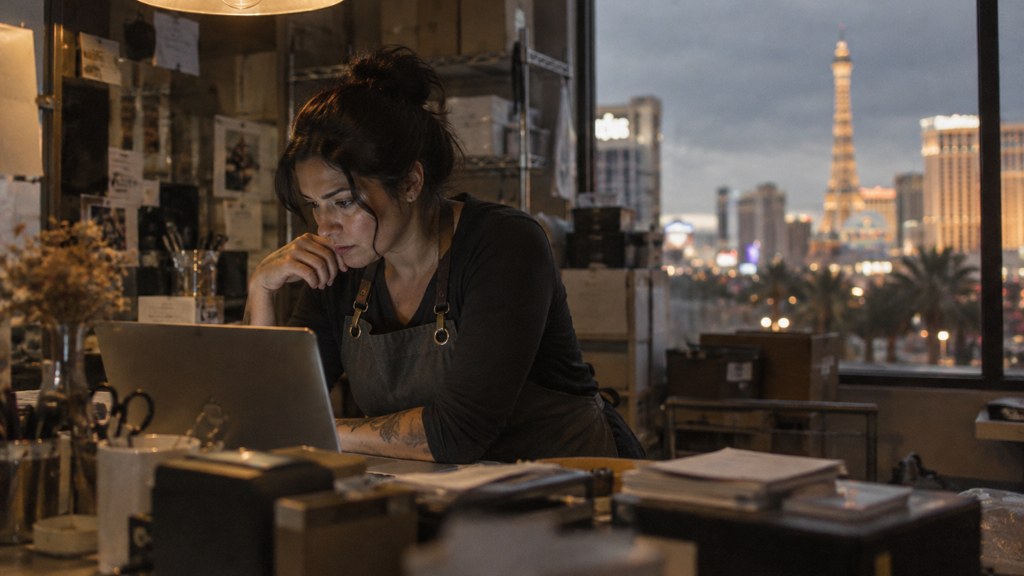 A small-business owner in an apron leaning over a laptop on a cluttered back-office desk late in the day, photographed in Las Vegas
