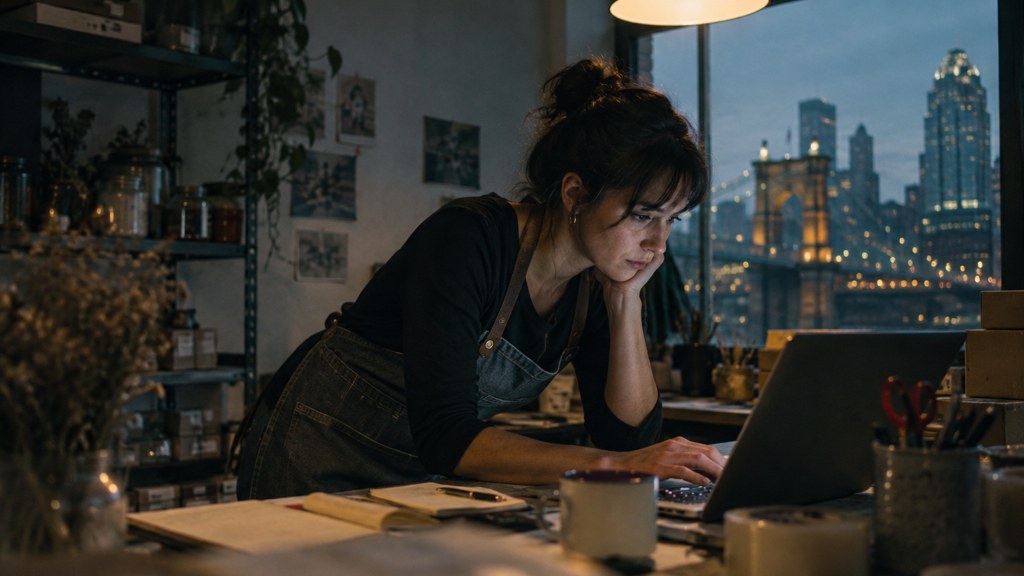 A small-business owner in an apron leaning over a laptop on a cluttered back-office desk late in the day, photographed in Cincinnati