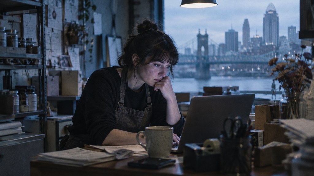 A small-business owner in an apron leaning over a laptop on a cluttered back-office desk late in the day, photographed in Cincinnati