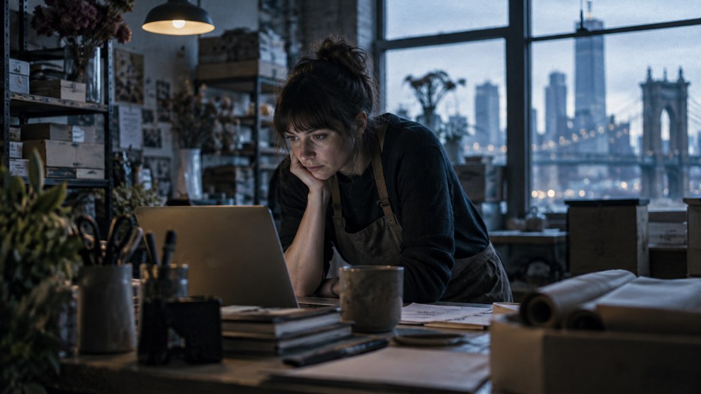 A small-business owner in an apron leaning over a laptop on a cluttered back-office desk late in the day, photographed in Cincinnati