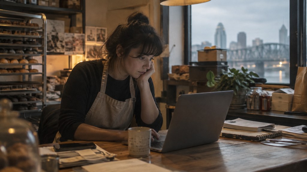 A small-business owner in an apron leaning over a laptop on a cluttered back-office desk late in the day, photographed in Cincinnati