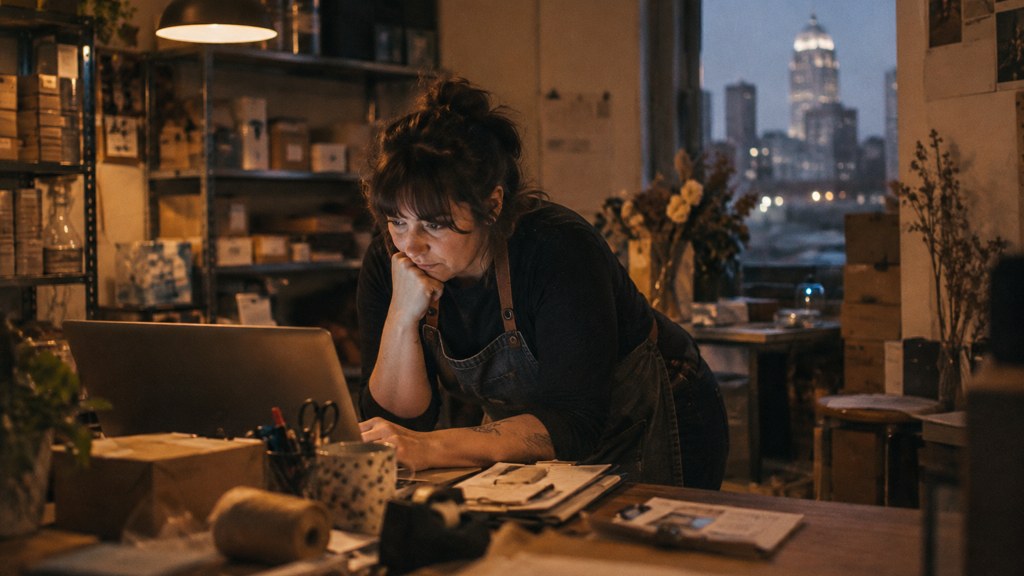 A small-business owner in an apron leaning over a laptop on a cluttered back-office desk late in the day, photographed in Cincinnati