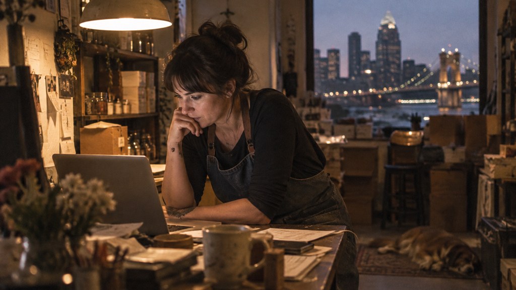 A small-business owner in an apron leaning over a laptop on a cluttered back-office desk late in the day, photographed in Cincinnati