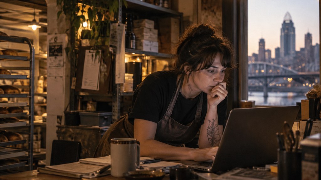 A small-business owner in an apron leaning over a laptop on a cluttered back-office desk late in the day, photographed in Cincinnati