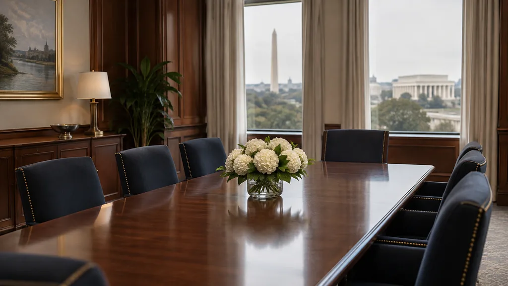 Financial advisor office setting: a formal Washington, DC wealth advisory meeting room with a long cherry wood table, navy upholstered chairs and soft overcast daylight