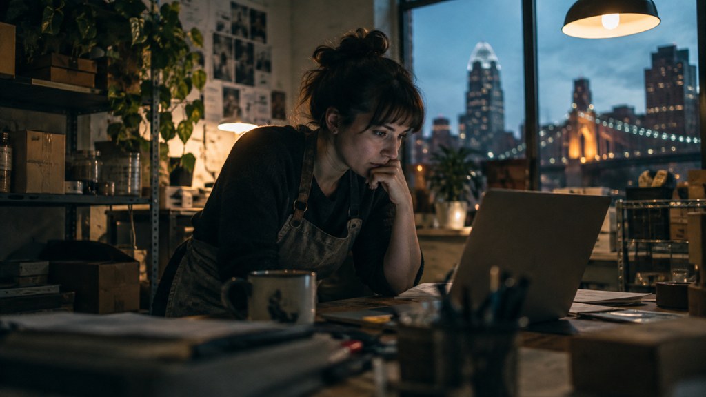 A small-business owner in an apron leaning over a laptop on a cluttered back-office desk late in the day, photographed in Cincinnati