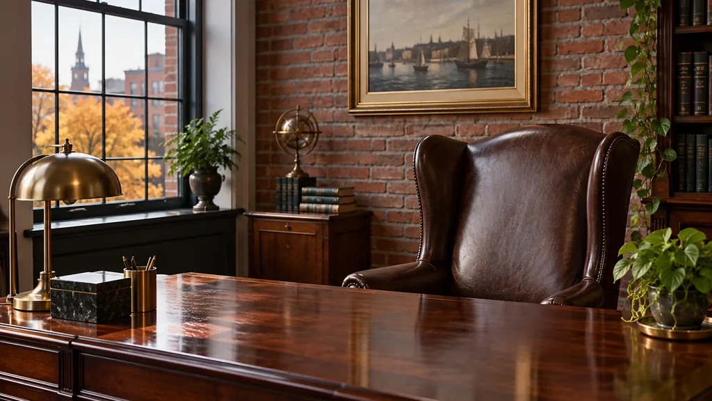 Financial advisor office setting: a traditional Boston advisor office with a brick wall, a leather wingback chair, a mahogany desk and crisp autumn daylight