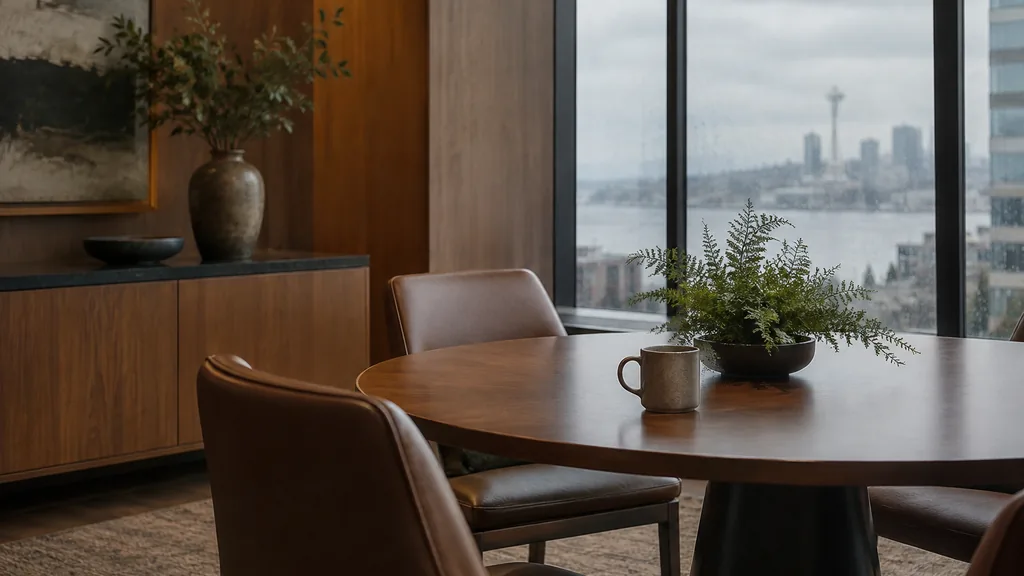 Financial advisor office setting: a quiet Seattle wealth management office with cedar panels, a round table, a ceramic coffee mug and soft rainy grey light