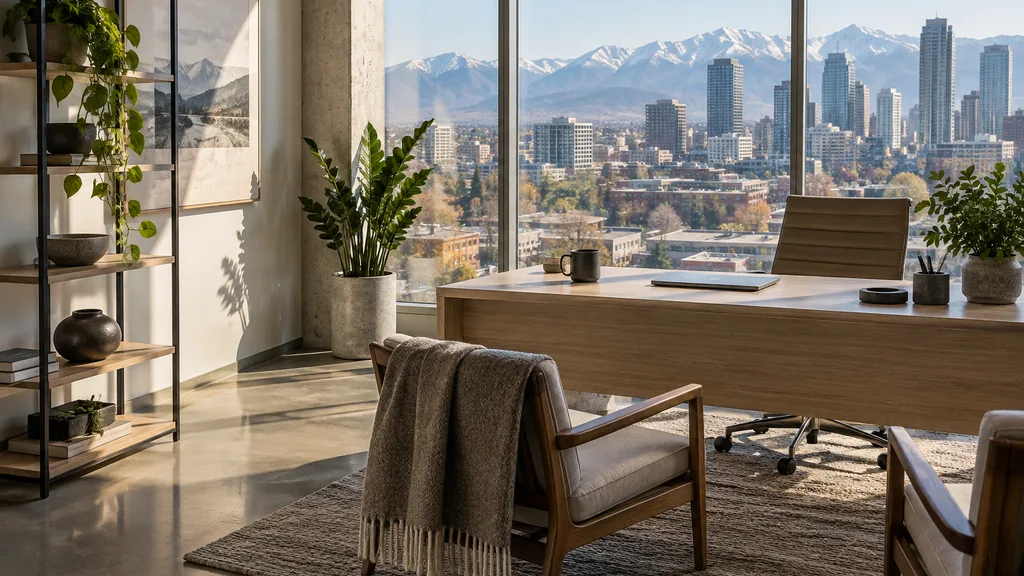 Financial advisor office setting: a modern Denver financial advisor office with a concrete floor, a light oak desk, a wool throw on a chair and clear high-altitude sunlight