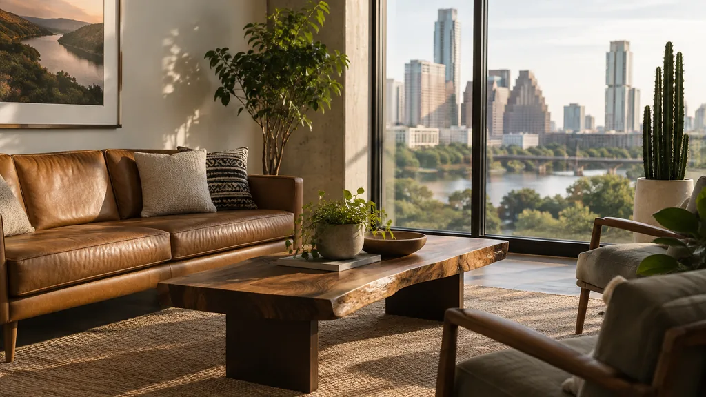 Financial advisor office setting: a relaxed Austin financial planning studio with a mid-century sofa, a live-edge coffee table, potted cactus and warm late afternoon light