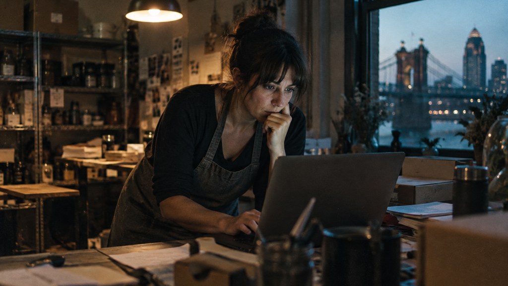 A small-business owner in an apron leaning over a laptop on a cluttered back-office desk late in the day, photographed in Cincinnati