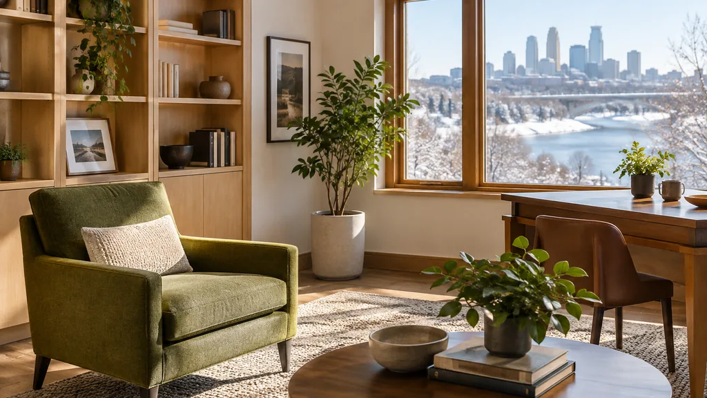 Financial advisor office setting: a warm Minneapolis advisor office with birch bookshelves, a green armchair, a wool rug and bright winter light off snow