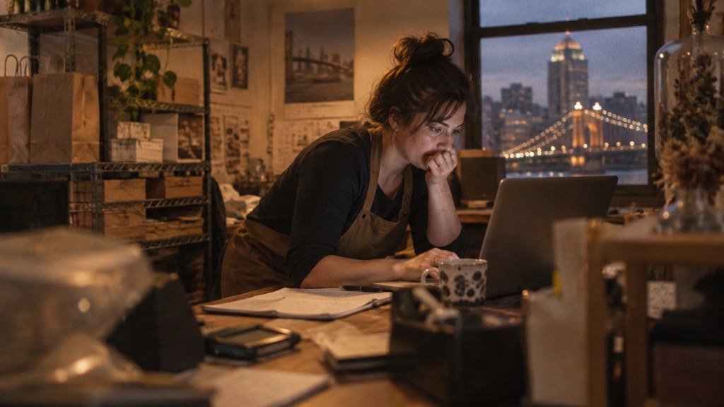 A small-business owner in an apron leaning over a laptop on a cluttered back-office desk late in the day, photographed in Cincinnati