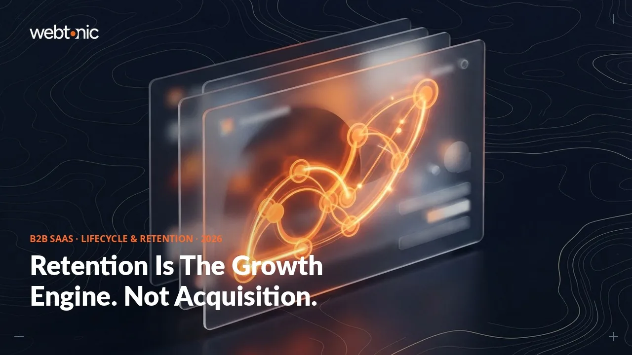 B2B SaaS lifecycle and retention marketing statistics 2026 thumbnail showing 82 percent median net revenue retention against 49 percent for B2C SaaS