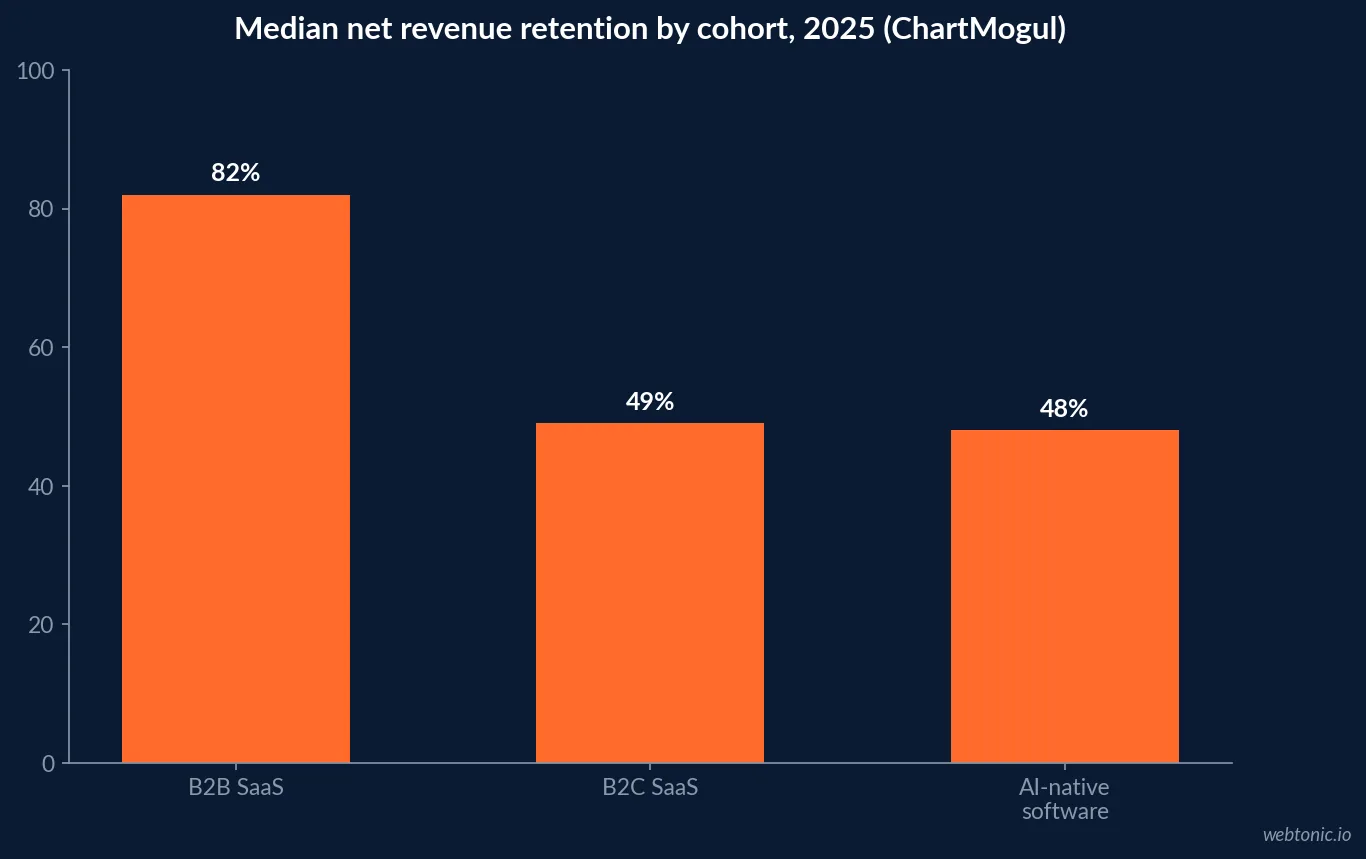 Bar chart comparing 2025 ChartMogul net revenue retention medians of 82 percent for B2B SaaS, 49 percent for B2C SaaS and 48 percent for AI-native software companies