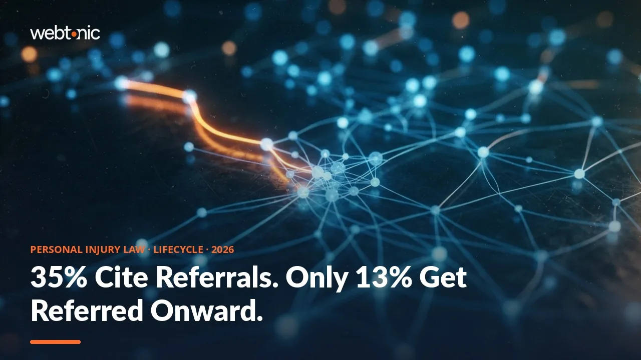 Personal injury law lifecycle and retention marketing statistics 2026 thumbnail showing 35 percent of firms citing referrals as their top lead source against 13 percent referred onward