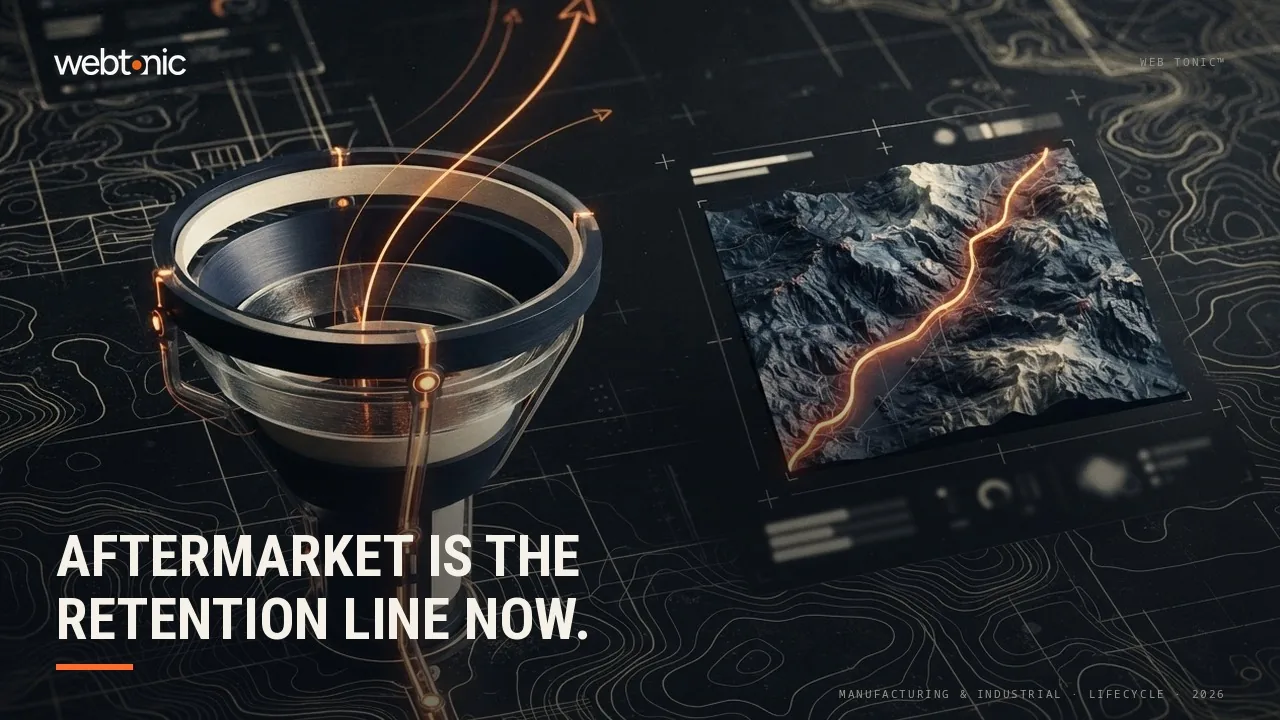 Manufacturing and industrial lifecycle marketing statistics 2026 thumbnail showing aftermarket services at 43 percent and parts at 57 percent of aftermarket revenue