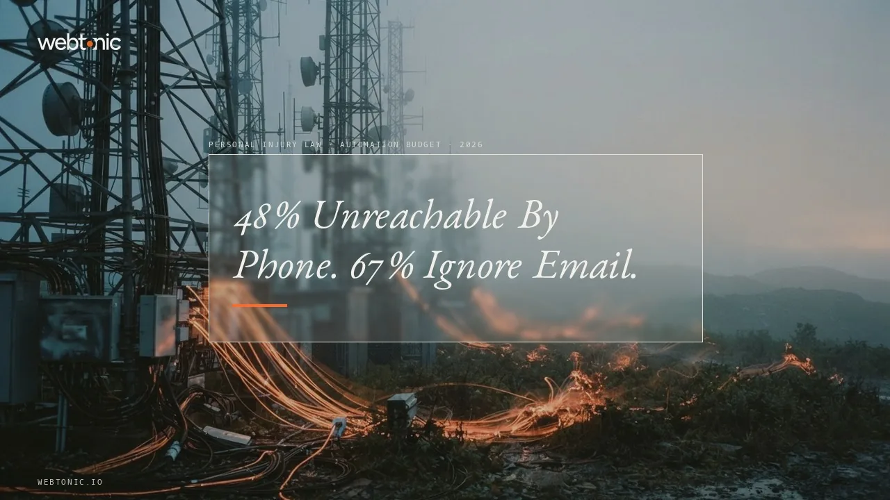 Personal injury law marketing automation statistics 2026 thumbnail showing law firms unreachable by phone 48 percent of the time in Clio's 2024 secret shopper study